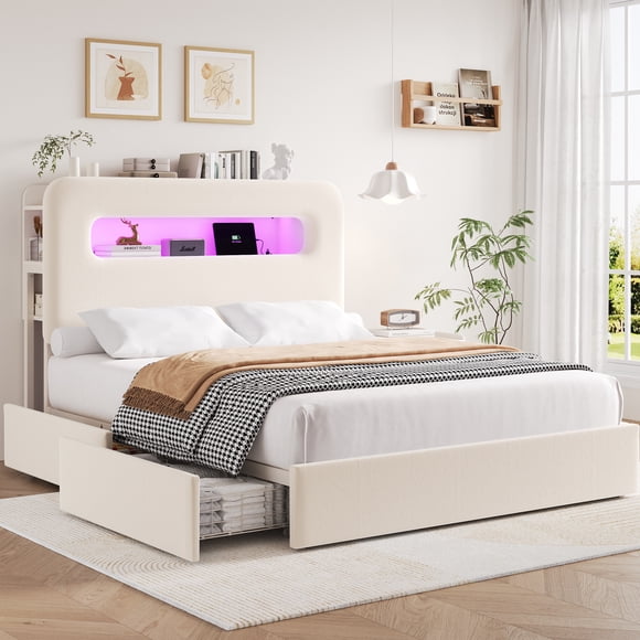 Homfa Queen Size Velvet Upholstered Bed with LED Lights & 2 Drawers, Storage Headboard Platform Bed Frame with USB Ports & Outlets, Off-White