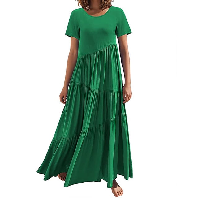 Robe à Manches Longues Femme Mode Estivale pour Femmes Robe Longue Ample Manches Courtes Col Rond Asymétrique à Étages Robe Longue de Plage Robe d'Été pour Femmes Robe d'Été Aguichant à Manches Longues