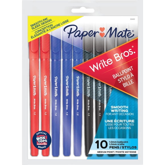 Stylos-bille Paper Mate Write Bros, encres assorties, pointe moyenne (1,0 mm), 10 unités