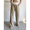 thumbnail image 1 of Pantalons Droits Décontractés Taille Haute pour Femmes Mode Col Rabattu Patchwork Fermeture Éclair Bouton Pantalons Longs Amples, 1 of 2