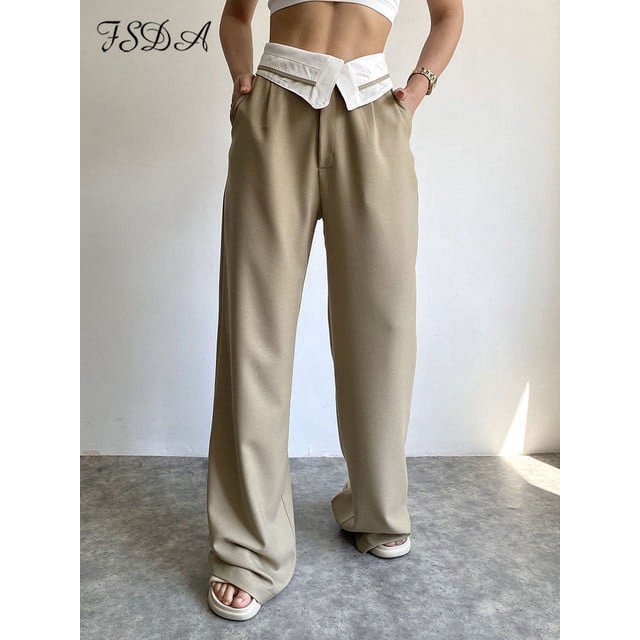 Pantalons Droits Décontractés Taille Haute pour Femmes Mode Col Rabattu Patchwork Fermeture Éclair Bouton Pantalons Longs Amples