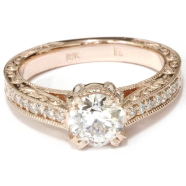 Bague de Fiançailles Vintage Diamant Antique Gravée à la Main 1.15Ct Or Rose