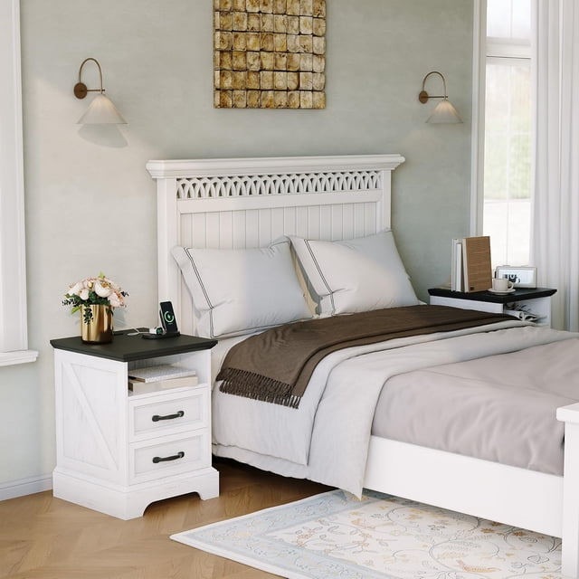 Royalbelle Nightstand with Charging Station, 2 Drawers USB Ports & Power Outlets Modern Bedside Table, 2PC, White