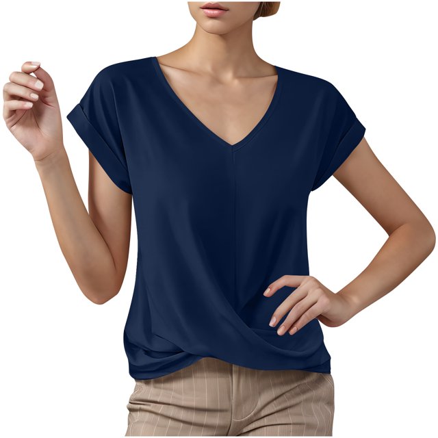 Summer T Shirts for Women V-Neck Short Sleeve Casual Tops Solid Color Basic Tees