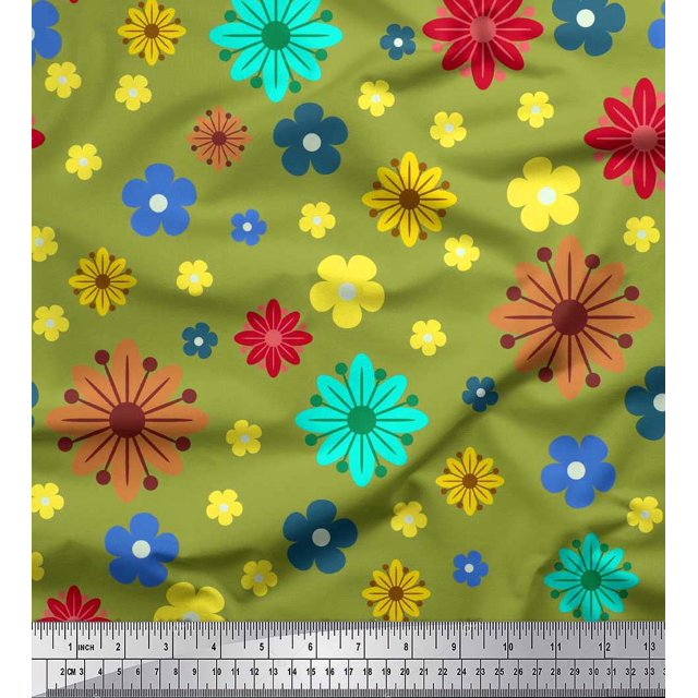Soimoi Poly Georgette Fabric Colorful Flowers Clip Art Printed Fabric 1 Yard 52 Inch Wide