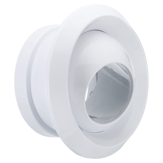 Unique Bargains 8 Inch Round Air Vent, Adjustable Ball Jet Nozzle Diffuser Ceiling Diffuser Vent Cover ABS Soffit Vent front-facing view of a white ABS 8-inch round ceiling diffuser with a rotatable spherical inner core and concentric trim; 265mm diameter x 94mm depth, center hole ~105mm, compatible with 8-inch duct openings, inner ball pivots 360 degrees to direct airflow, shown on a neutral background, also suitable for ventilation in closets or utility cabinets.