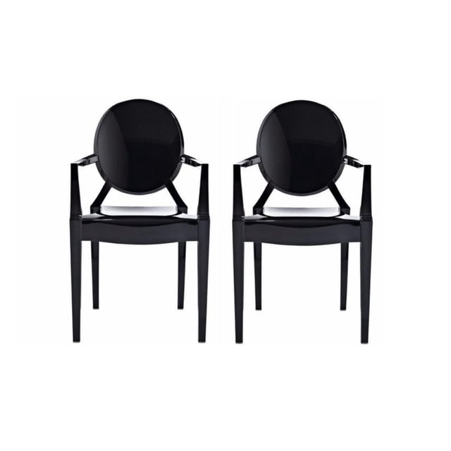 Heavenly Collection Plastic Arm Chair for Dining Area set of two black polycarbonate armchairs with round Louis-style backs and straight legs, stackable and waterproof, suitable for indoor and outdoor dining spaces.