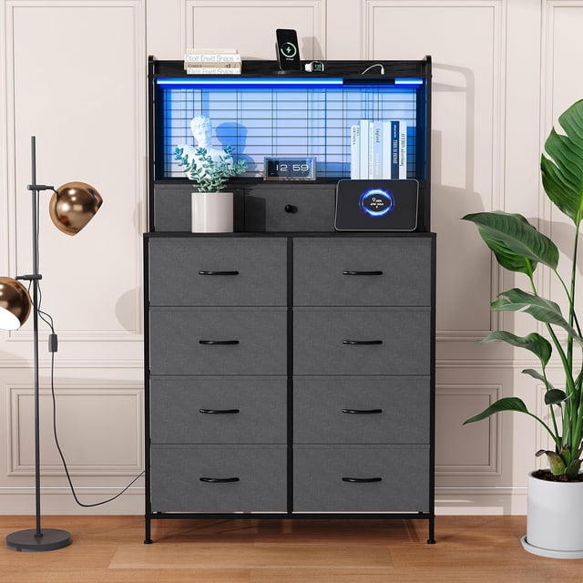 Commode Intelligente à 11 Tiroirs en Tissu avec Station de Recharge Intégrée, Recharge Sans Fil et Lumières DEL RVB, Conception Industrielle Anti-Basculement, Armoire de Rangement pour Chambre en Plusieurs Couleurs
