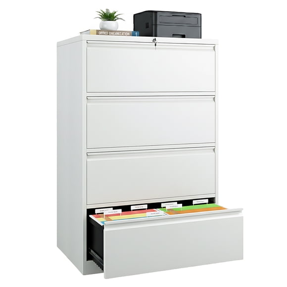 Omethey 4 Drawer Lateral File Cabinet with Lock, Vertical Metal Filing Storage for Home Office, Printer Stand, Office Cabinet with Drawers Fits Letter/Legal/A4 Size File Folders (White)