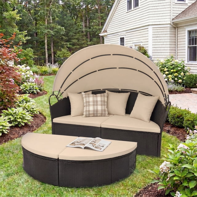 Costway Lit de Jour Rond pour Patio Extérieur avec Auvent Rétractable Coussins Coussins Décoratifs pour Pelouse Noir+beige