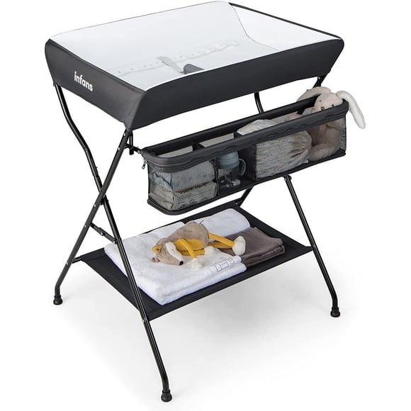 OLAKIDS Table à Langer pour Bébé, Poste à Couches Pliant Organisateur de Chambre de Bébé Portable avec Ceinture de Sécurité et Grands Supports de Rangement pour Nouveau-Né et Nourrisson (Noir)