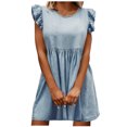 thumbnail image 1 of Womens Denim Dress Crew Neck Sleeveless Ruffle Jean Dress Distressed Casual Loose Summer A Line Flowy Mini Dress, 1 of 7