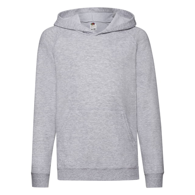Fruit Of The Loom Chandail à Capuchon Léger pour Enfants en 80 % Coton et 20 % polyester, Montré dans une Vue Orientée vers l'Avant. Comprend des Manches raglan, une Poche Kangourou à l'Avant et une Taille et des Poignets Côtelés en Coton/lycra®. le Tissu Est une Polaire Légère Non Brossée avec un Poids de 240 G/m2, Conçu pour une Sensation Plus Douce Utilisant la Laine Belcoro®. Convient aux Garçons de 5 à 15 Ans, avec des Tailles Allant de 28 à 36 Pouces. Idéal