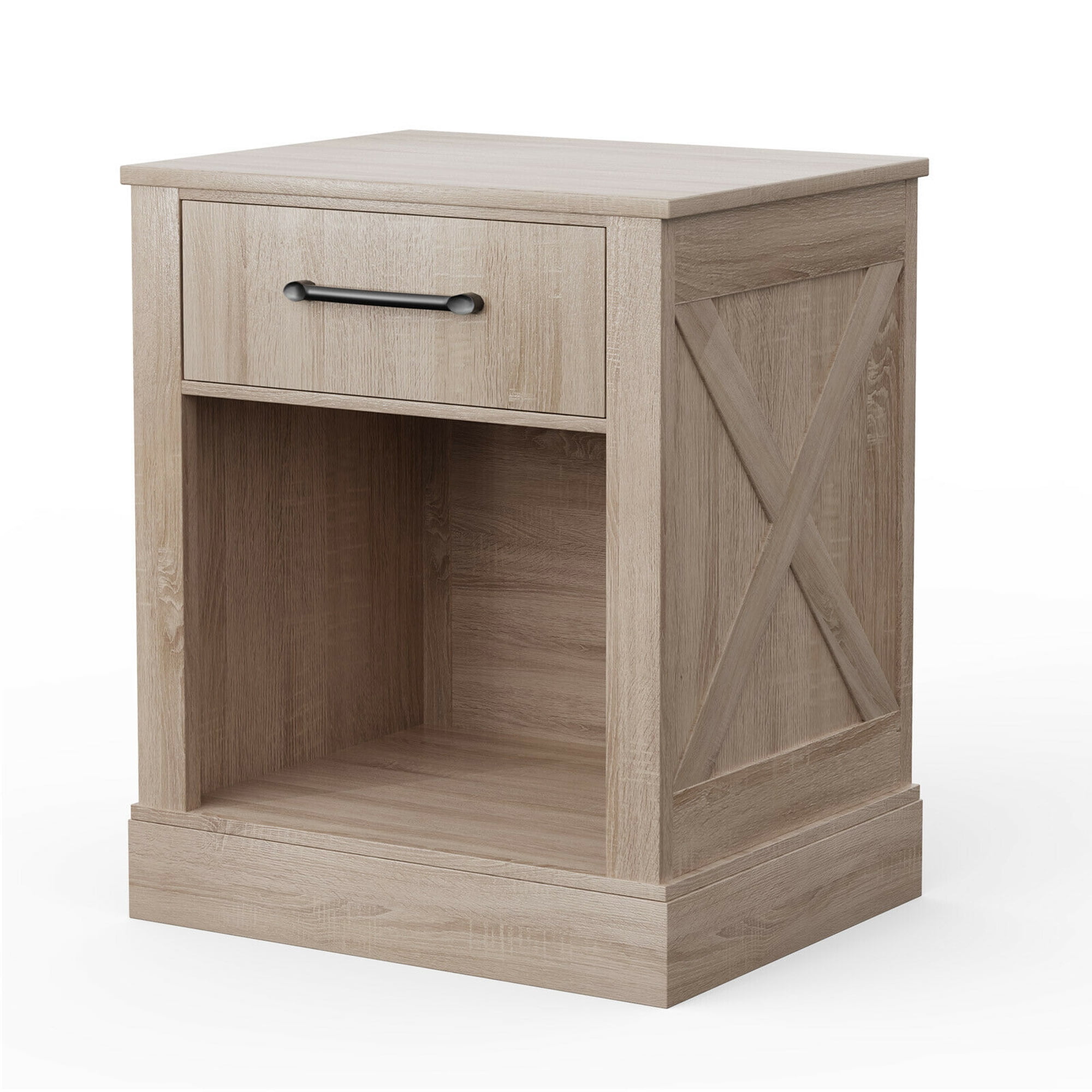 Gymax Nightstand with Drawer and Shelf Rustic Wooden Bedside Table Bedroom Natural