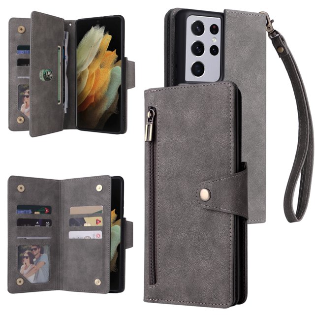 Case for Samsung Galaxy S21 Ultra 5G Magnetic Leather Zipper Wallet Cover Card Holder