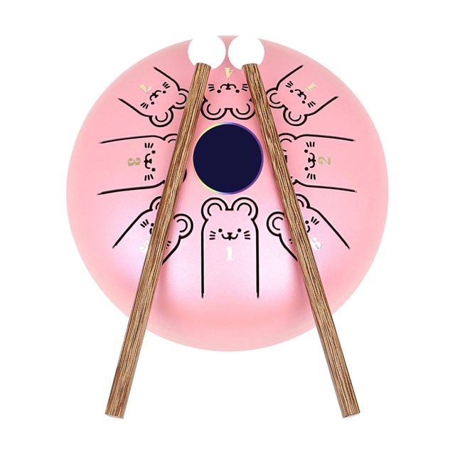 Labymos Tambour à Languette en Acier 5,5 Pouces 8 Notes C Key Handpan Tambour à Motif Zodiaque Chinois Réservoir Instrument de Percussion avec Sac Mallets de Musique (Motif Rat & Couleur Rose)
