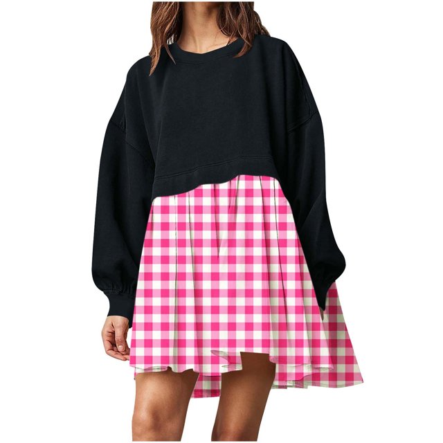EQWLJWE Robes d'Automne pour Femmes 2023 Mode Femmes Décontracté Ample Col Rond Manches Longues Confortable Robes Imprimées Robe Chandail à Carreaux Imprimée Robes d'Automne pour Filles Robes de Retour à la Maison 2023