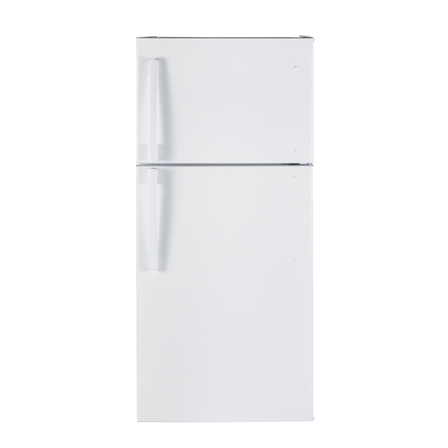 Moffat 18 cu.ft. Top Freezer Refrigerator in white, a versatile kitchen appliance with manual controls for precise temperature adjustment, two humidity-controlled bins to keep produce fresh, and a reversible door for flexible installation. EnergyStar® certified for energy efficiency and equipped with a Never Clean™ condenser for hassle-free maintenance.