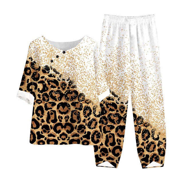 Mikilon Ensemble Élégant pour Femmes 2 Pcs Coton & Lin Imprimé Manches 5/10 Col Rond + Pantalon Décontracté Ensemble Chic & Confortable Manches Courtes Col Rond Blouse/chemise Blanc m