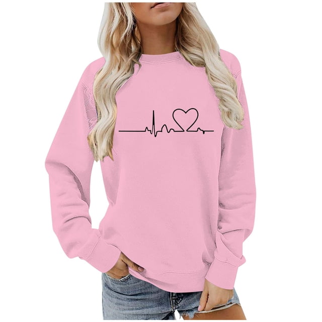 BLVB Chandail à Col Rond pour Femmes, Imprimé de Cœur, Manches Longues, Mignon, Coupe Ample, Léger, Hauts d'Automne, Cadeaux de la Saint-Valentin