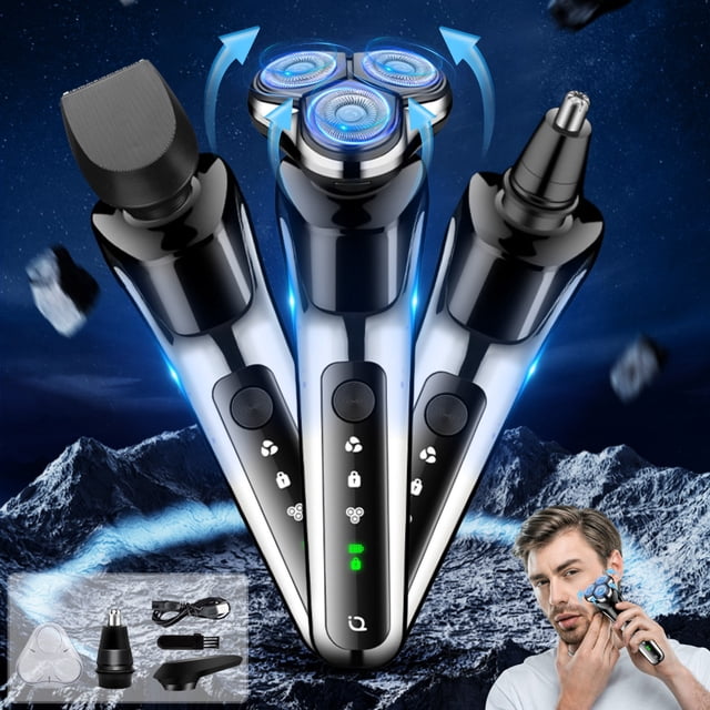 Iumwxz Men’s Electric Shaver Rechargeable Bald Face Wet Dry Waterproof Floating Razor 3 Head LED Display Removable USB Charging Travel Barber Grooming Shaving Kit 5V 700mAh 1pc