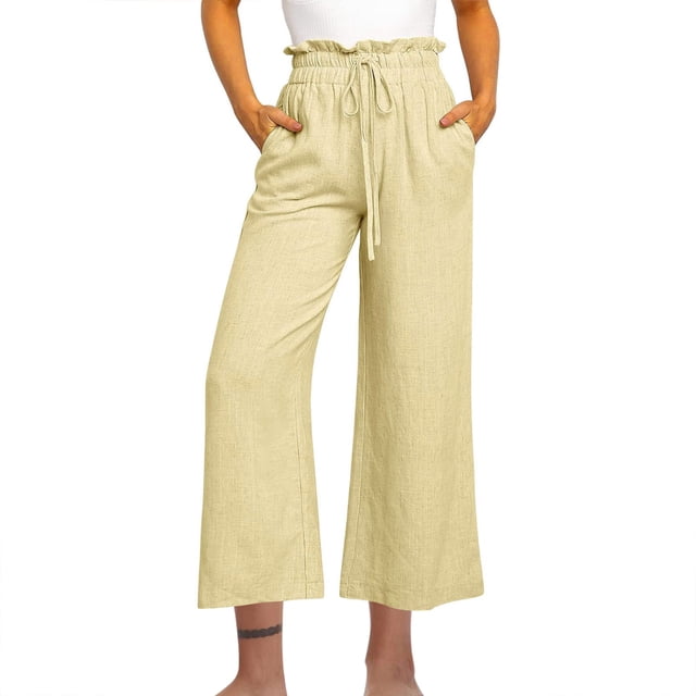Yuyuzo Cotton Linen Pants for Women High Waisted Ruffle Drawstring Wide Leg Ankle Length Trousers