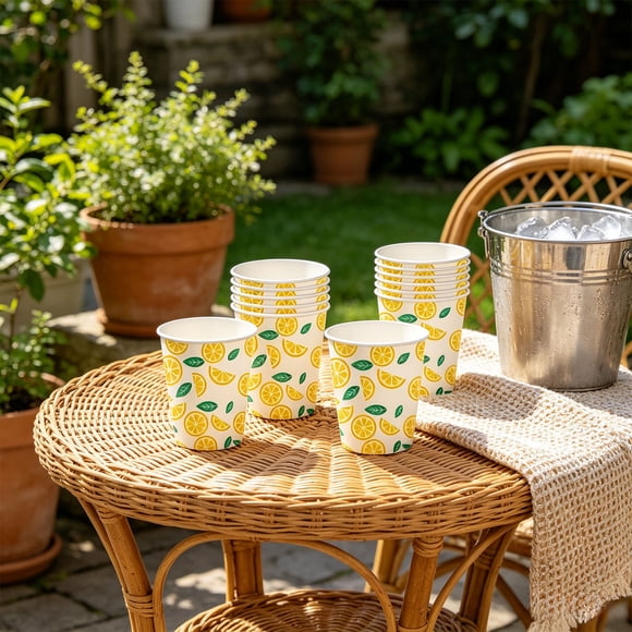 Disposable Paper Cups 16 Pack with Lemon Print for Summer Party, Birthday, BBQ, and Outdoor Picnic Drinks