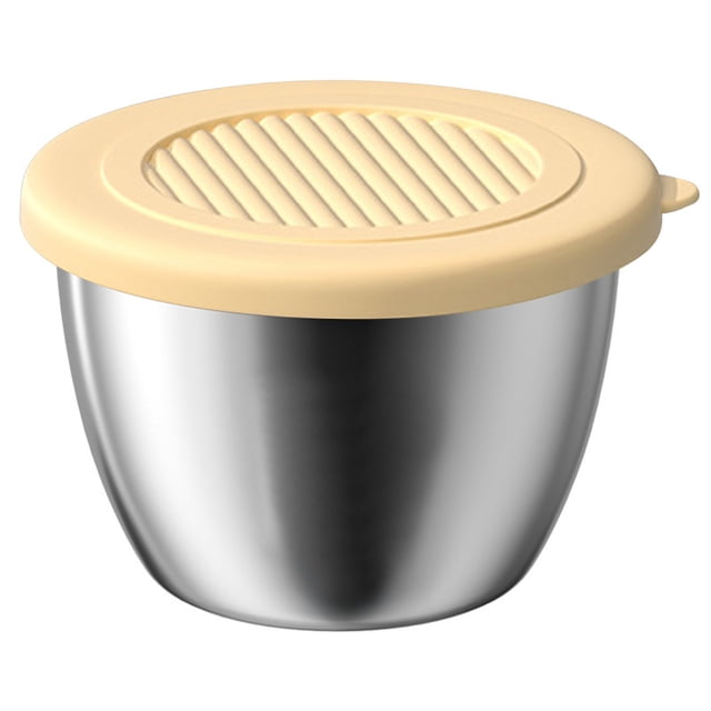 Crisper Dressing Containers Dipping Container With Lid Leak Proof Organize Kitchen Fridge Food Storage Containers. A compact stainless steel container with a beige ribbed lid, suitable for food storage and organization. Measuring approximately 6.3 cm in length and 3.8 cm in width, it is ideal for storing dressings, dips, or small food items. Part of the glass storage containers category, it ensures freshness and leak-proof storage.