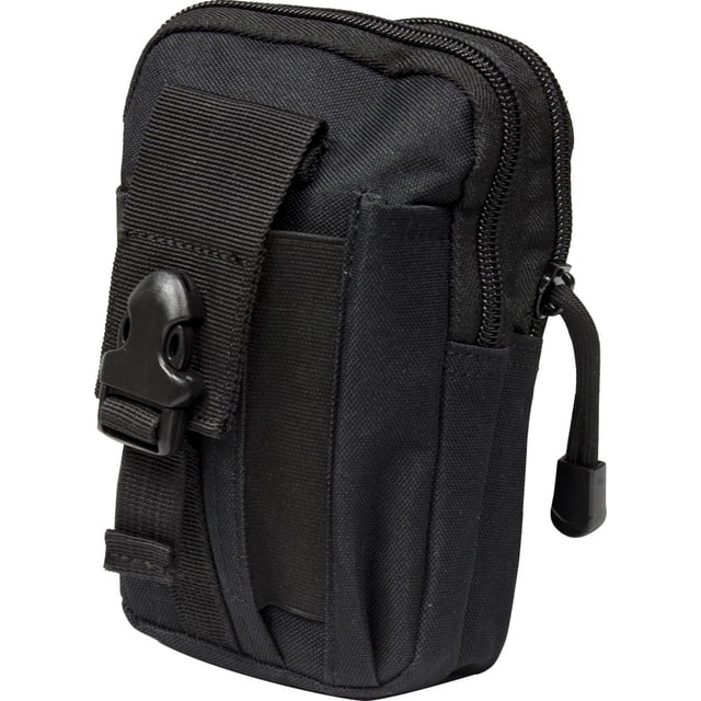 Mil-Spex Multi Pouch - Black, a durable polyester tool storage bag with two zippered compartments, a pen pocket, and a buckled front pocket ideal for smartphones, featuring M.O.L.L.E. style rigging for attachment to packs or tool belts, measuring 5 by 3.75 by 7 inches, also suitable for organizing small accessories.