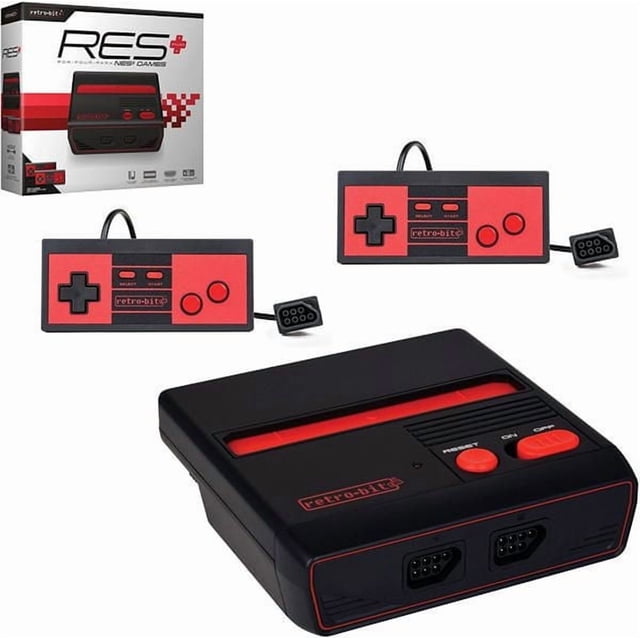 Retro-Bit RES+ RES Plus Console pour Jeux de Système de Divertissement Nintendo avec Deux Manettes Filaires Rouges et Noires de Style NES, ports de Sortie HDMI et AV, Entrée d'Alimentation micro USB, et Boîte d'Emballage d'Origine, Convient pour Jouer aux Cartouches NES Classiques en HD.