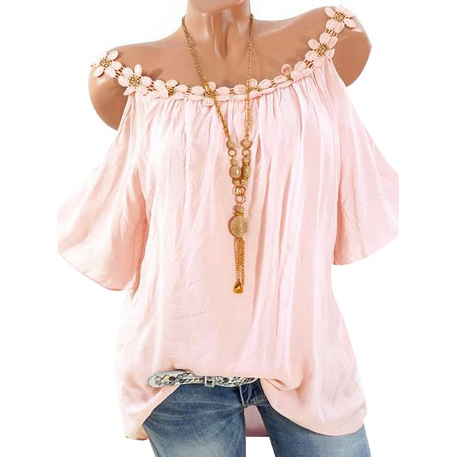 DYMADE Femmes Froid Épaule Dentelle Manches Courtes Souillé Couleur Tunique Haut