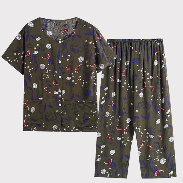 Wolfast Ensemble de Pyjama Court en Soie pour Femmes Été Décontracté Deux Pièces Pyjama Manches Courtes Col Rond Haut/chemise Ensemble Coton Soie Grande Taille Confortable Respirant Cardigan Bouton Poche