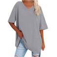 thumbnail image 1 of Plebaso T-Shirts Surdimensionnés pour Femmes à Col en V à Manches Mi-Longues T-Shirts Décontractés Unis Confort Hauts Amples pour Femmes, 1 of 6