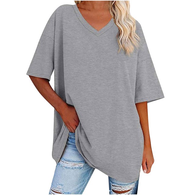 Plebaso T-Shirts Surdimensionnés pour Femmes à Col en V à Manches Mi-Longues T-Shirts Décontractés Unis Confort Hauts Amples pour Femmes