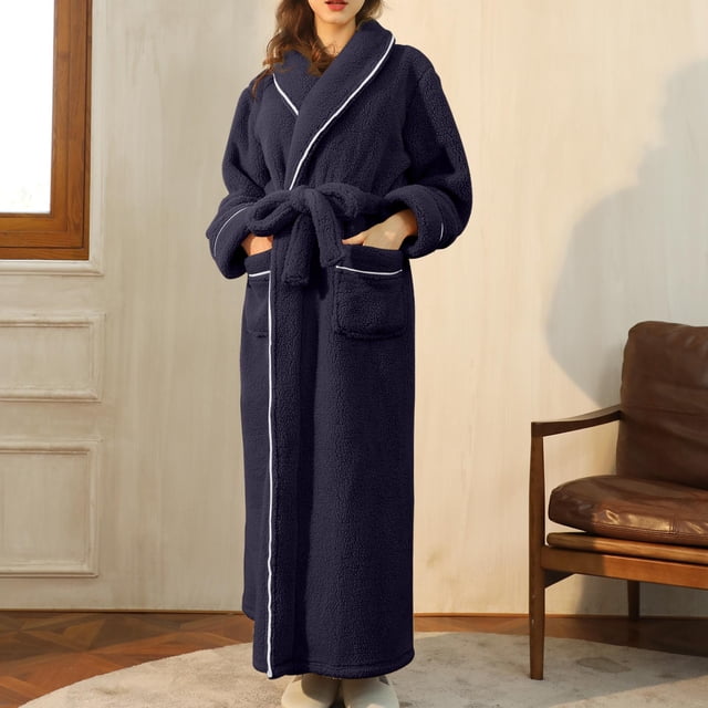 EQWLJWE Fleece Robe Couple Bathrobe Winter Long Robes Plus Size Full Length Nightgown Bathrobe Fleece Plush Fluffy Housecoat Shawl Collar Warm Winter Robe