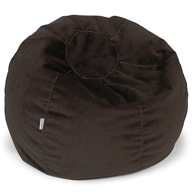 ComfyKids® Bean Bag Chair for Teens in dark brown suede-like fabric with double-stitched seams and childproof safety lock zipper, measuring 30 by 30 inches, designed for kids' rooms and casual seating, also ideal for quiet lounging or gaming spaces.