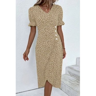 Robe Midi à Imprimé Floral avec Manches Courtes et Col en V pour Femmes