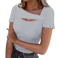 thumbnail image 1 of Lenpel T Shirts for Women Fashion Summer Short Sleeve Cutout Ribbed Knit Solid Color Slim Basic Tees Going out Tops, 1 of 7