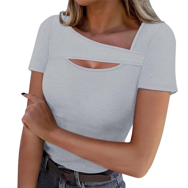 Lenpel T Shirts for Women Fashion Summer Short Sleeve Cutout Ribbed Knit Solid Color Slim Basic Tees Going out Tops