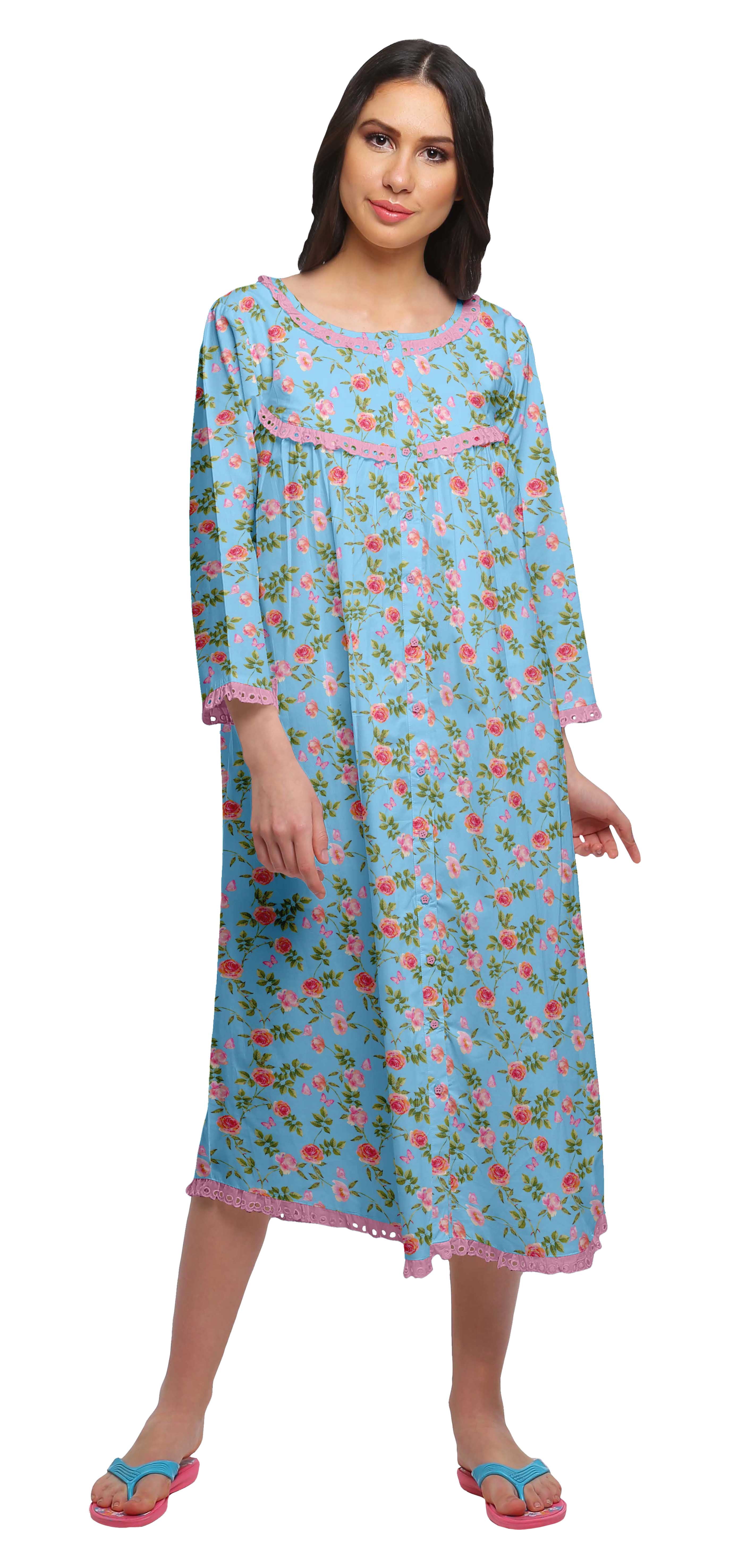 Moomaya Coton Femme Longueur Genou Manches 3/4 Chemise de Nuit Imprimée Tenue de Nuit