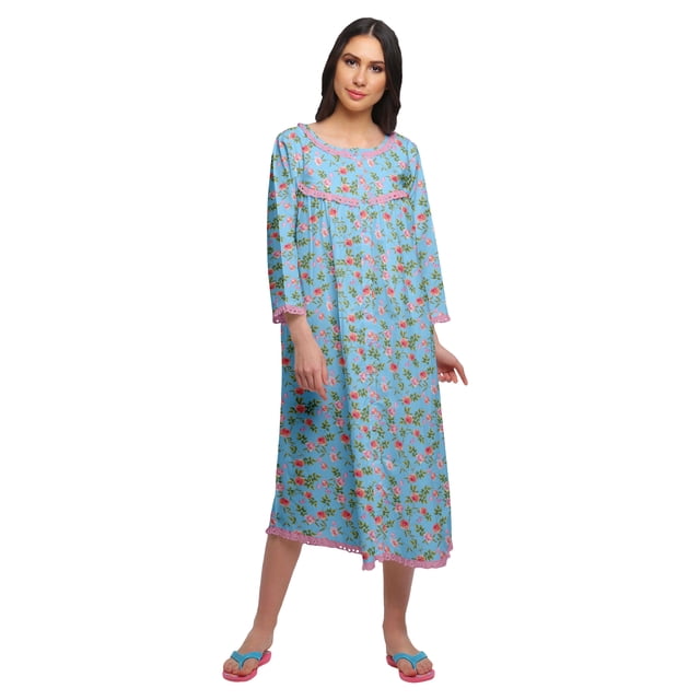 Moomaya Coton Femme Longueur Genou Manches 3/4 Chemise de Nuit Imprimée Tenue de Nuit