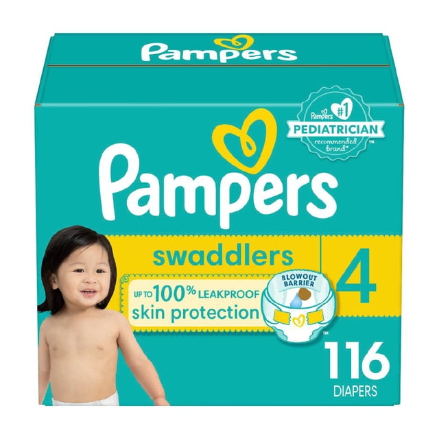 Pampers Swaddlers Couches Taille 4 Boîte avec Emballage Sarcelle et Jaune Contenant 116 Couches Jetables, Offrant une protection de la Peau jusqu'à 100 % Étanche et une Barrière Anti-Éclaboussures, Recommandé par les Pédiatres pour la Sécheresse et le Confort du Bébé.