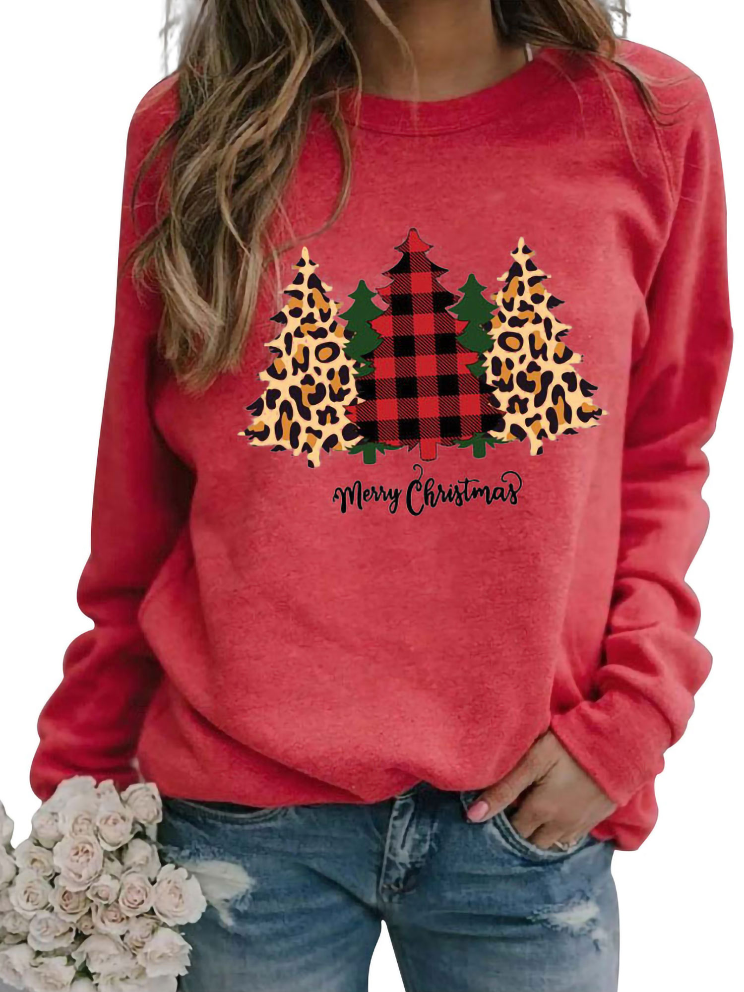 Christmas Tree Crew Neck Sweatshirt Pullover For Women Ladies Xmas Holiday Sweater T Shirt Top Winter Fall Spring