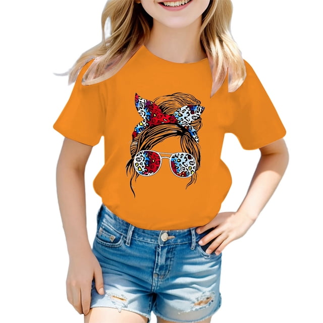 LUOGENLI T-Shirt pour Filles Enfant Filles Mignon Imprimé Graphique Col Rond Manche Courte Tee Été Décontracté T-Shirt Maxi Chemises pour Filles Été Coton Orange 9-10 Ans