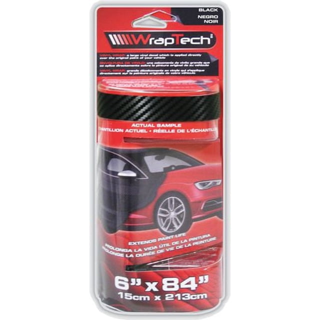 WrapTech Black Carbon Wrap 6-inch by 84-inch vinyl wrap roll with black carbon fiber texture, designed to protect automotive paint from stone chips and fading while extending paint life, featuring air channel technology for smooth, bubble-free installation, suitable for cars, trucks, and SUVs.