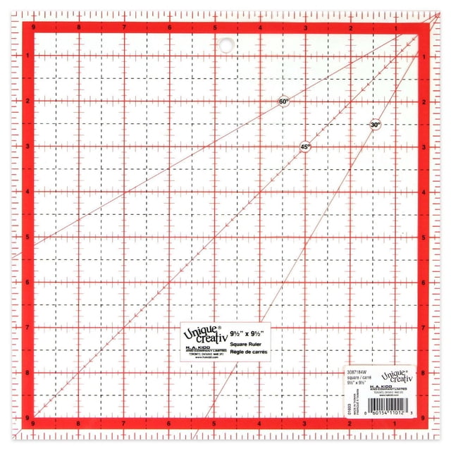 SEW EASY Square Quilting Ruler, Medium — 24.1 × 24.1 cm (9½ × 9½ in) clear laser-cut acrylic quilting ruler with red and black high-contrast grid lines and angle guides at 30°, 45°, and 60°, featuring a red border and a hole for hanging, designed for precise rotary cutting, squaring blocks, trimming half-square triangles, and general measuring in sewing and quilting projects.