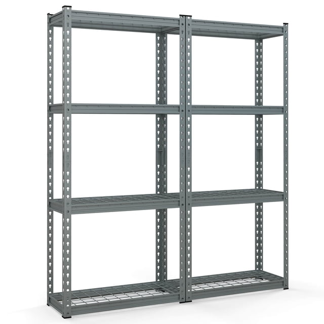 Costway 2 PCS 4-Tier Metal Shelving Unit Heavy Duty Wire Storage Rack with Anti-slip Foot Pads in grey. The image shows two sturdy metal shelving units with four adjustable tiers each, designed for organizing items in garages, kitchens, or living rooms. The shelves feature a powder-coated finish for water and rust resistance, anti-slip foot pads, and a high load capacity of 880 lbs. The units can be divided into smaller shelves for versatile use.