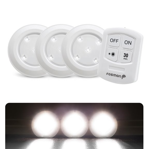Fosmon Wireless LED Puck Light 3 Pack with Remote Control, Under Cabinet Lighting for Kitchen Closet Bedroom Bathroom