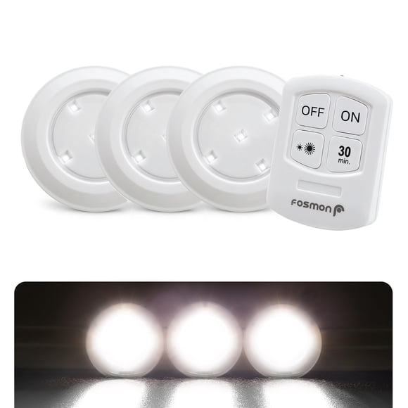 Fosmon Wireless LED Puck Light 3 Pack with Remote Control, Under Cabinet Lighting for Kitchen Closet Bedroom Bathroom