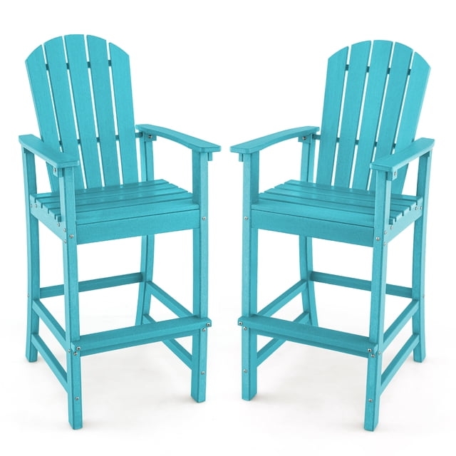Gymax Set Of 2 Outdoor HDPE Bar Height Stool Patio Tall Chair Armrest Footrest All Weather Turquoise